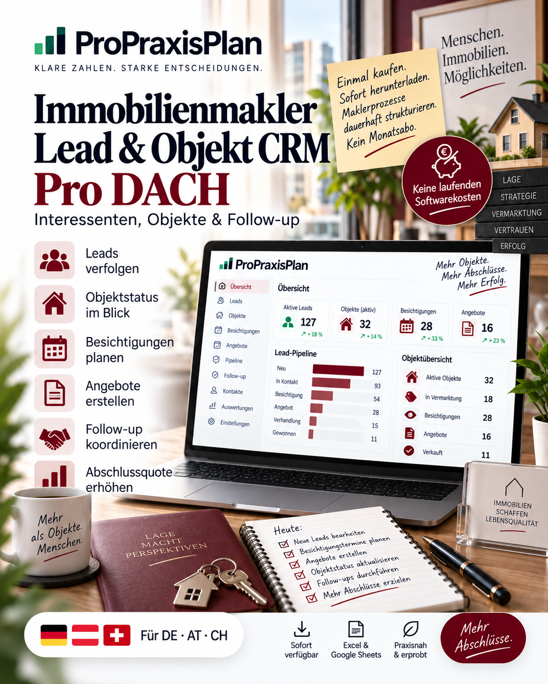 Immobilienmakler Lead & Objekt CRM Pro DACH – DACH, Einmalkauf, Download, kein Monatsabo