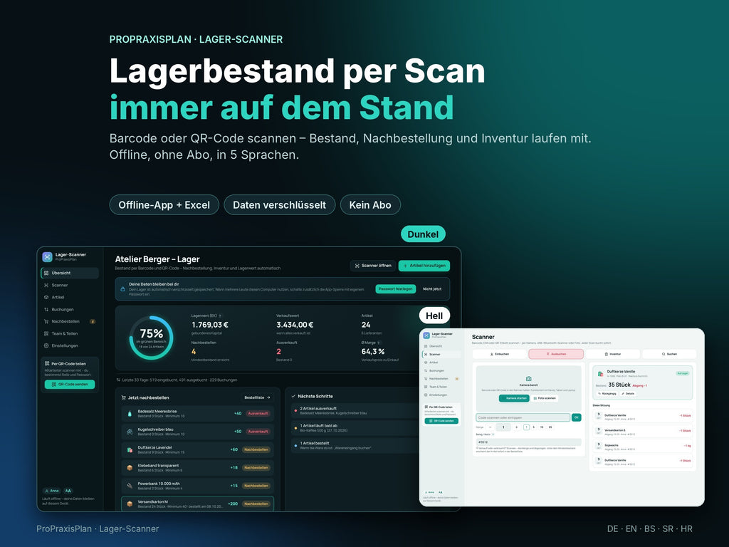 Lager-Scanner: Übersicht mit Lagerwert, Nachbestellung und Scanner im hellen und dunklen Modus