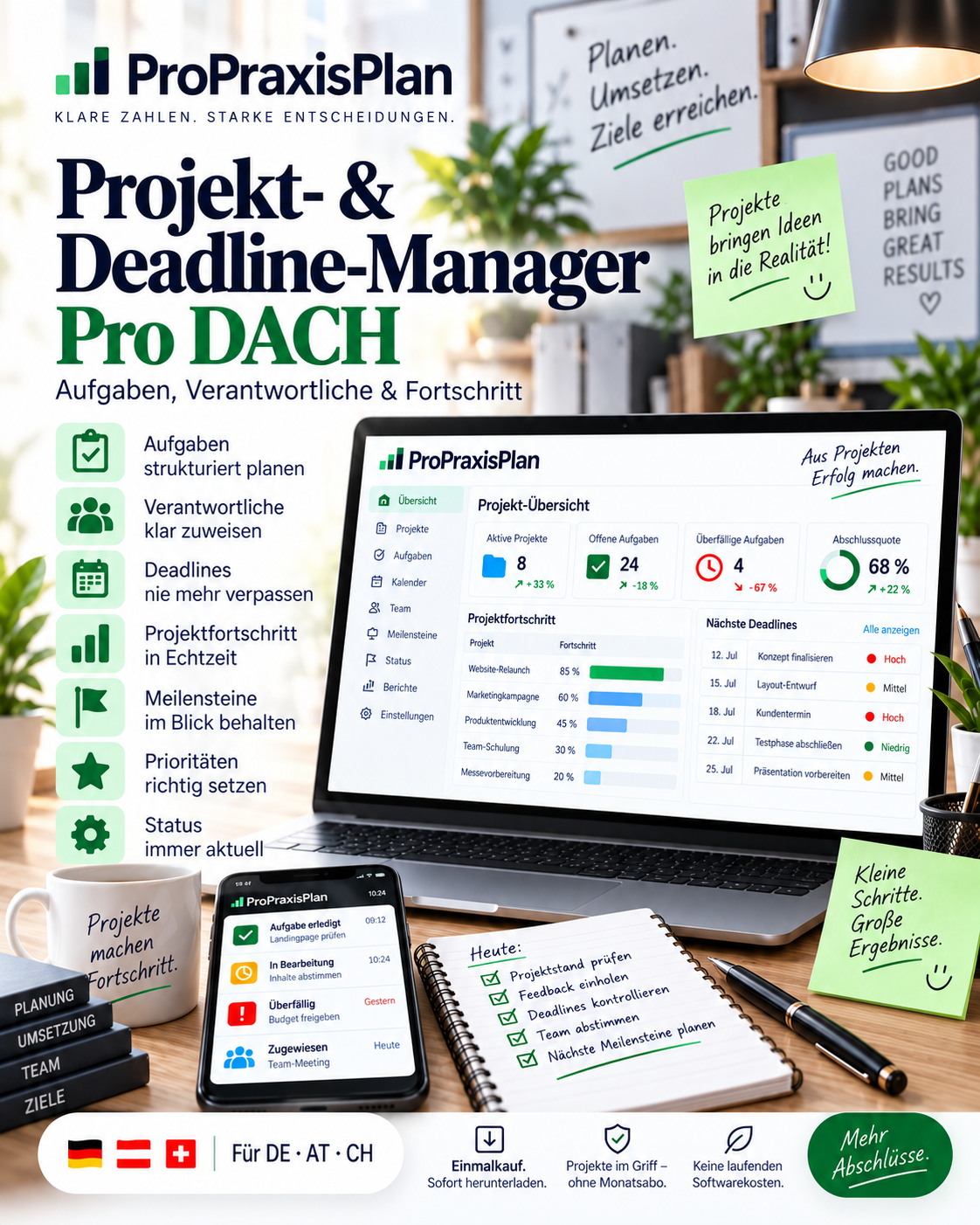 Projekt- & Deadline-Manager Pro DACH – DACH, Einmalkauf, Download, kein Monatsabo