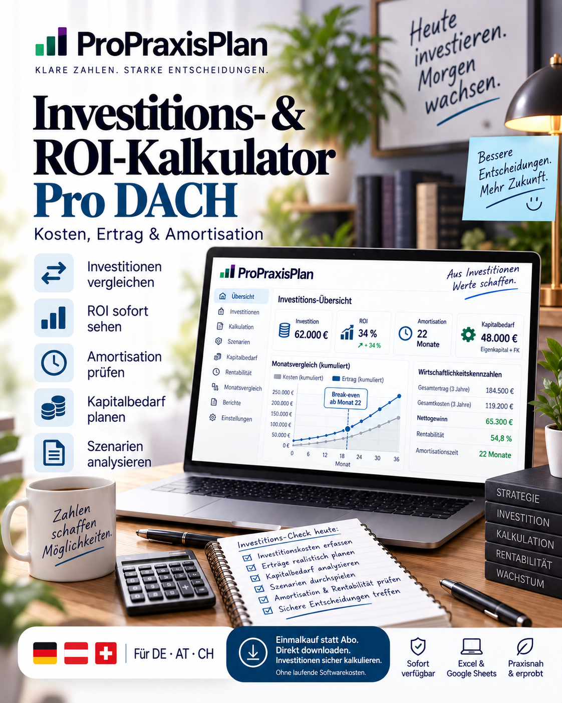 Investitions- & ROI-Kalkulator Pro DACH – DACH, Einmalkauf, Download, kein Monatsabo
