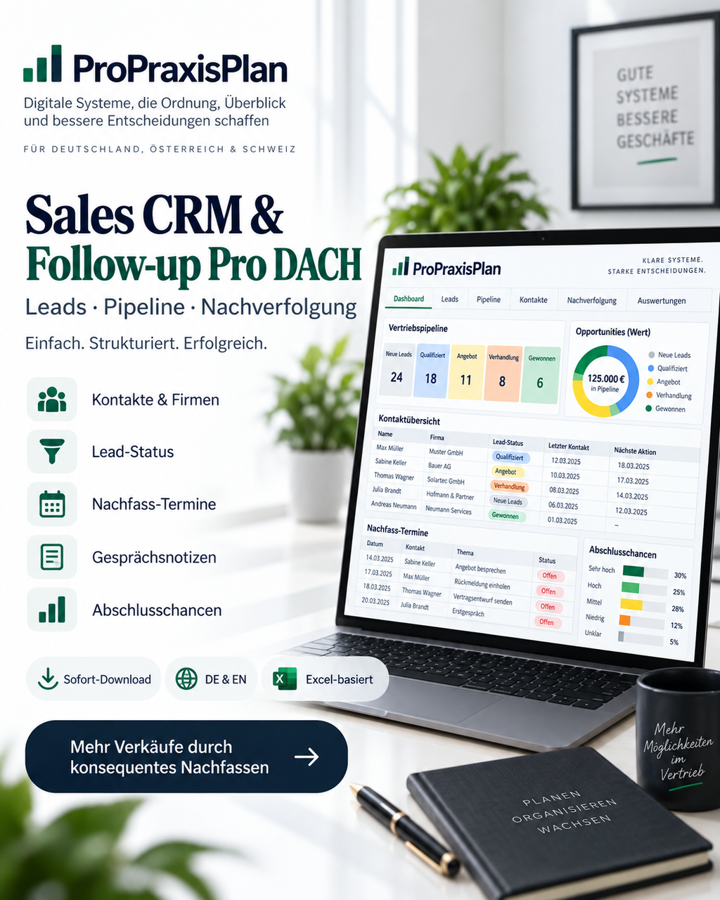 Sales CRM Follow-up Pro DACH Excel System für Leads Pipeline Kontakte Nachfass-Termine Gesprächsnotizen und Abschlusschancen