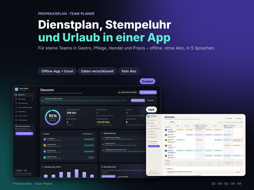 Team-Planer von ProPraxisPlan – Dienstplan, Stempeluhr und Urlaub, Offline-App im dunklen und hellen Modus
