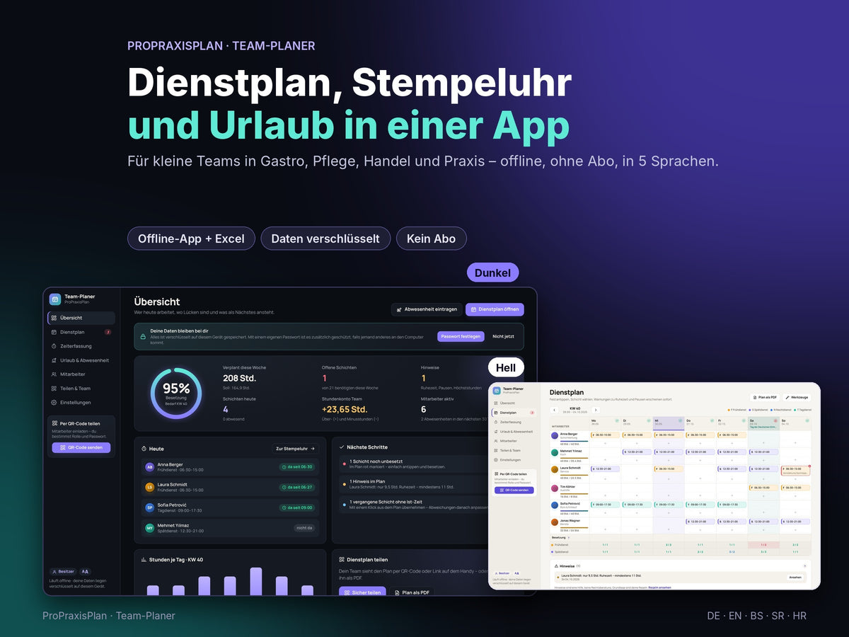 Team-Planer von ProPraxisPlan – Dienstplan, Stempeluhr und Urlaub, Offline-App im dunklen und hellen Modus