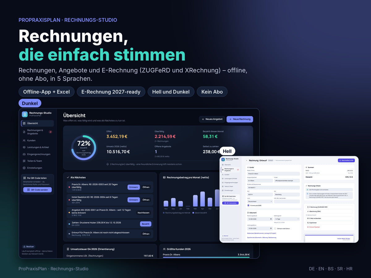 Rechnungs-Studio von ProPraxisPlan – Rechnungen und E-Rechnung, dunkles und helles Design