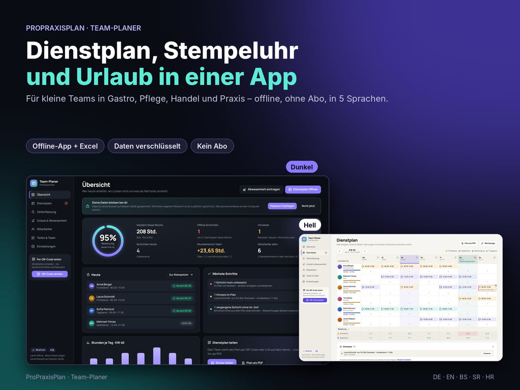 Team-Planer von ProPraxisPlan – Dienstplan, Stempeluhr und Urlaub, Offline-App im dunklen und hellen Modus