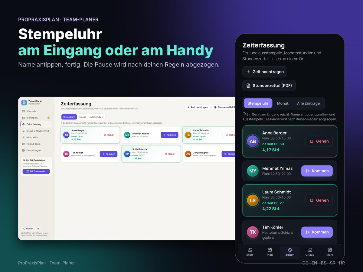 Stempeluhr am Tablet oder Handy mit automatischer Pause
