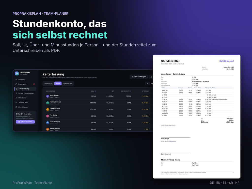 Stundenkonto je Mitarbeiter und Stundenzettel als PDF