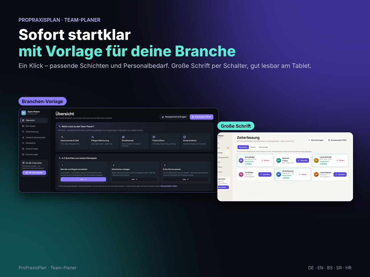 Branchen-Vorlagen für Gastronomie, Pflege, Einzelhandel und Praxis, große Schrift per Schalter