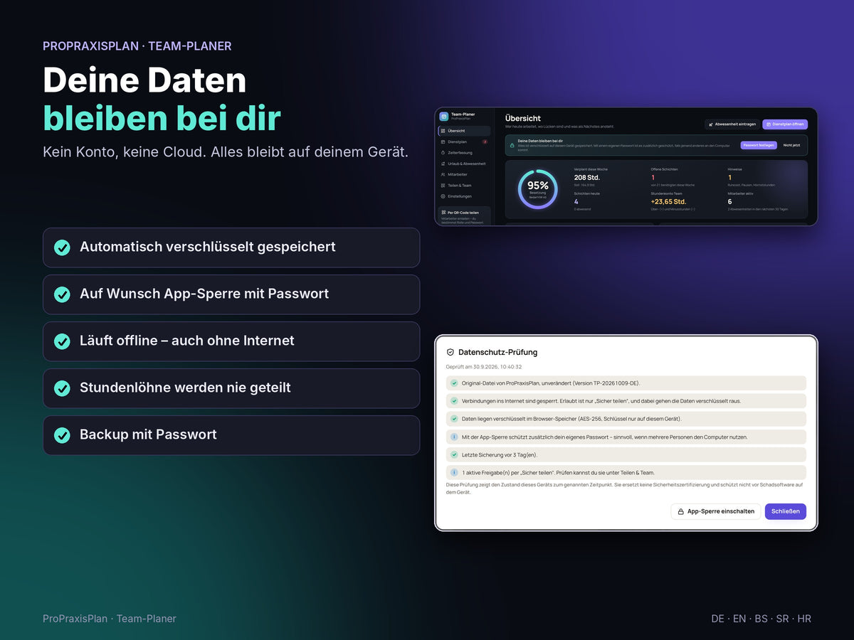 Deine Daten bleiben bei dir: offline, automatisch verschlüsselt, App-Sperre