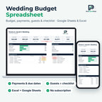 Wedding Budget Spreadsheet for Excel and Google Sheets on laptop and phone