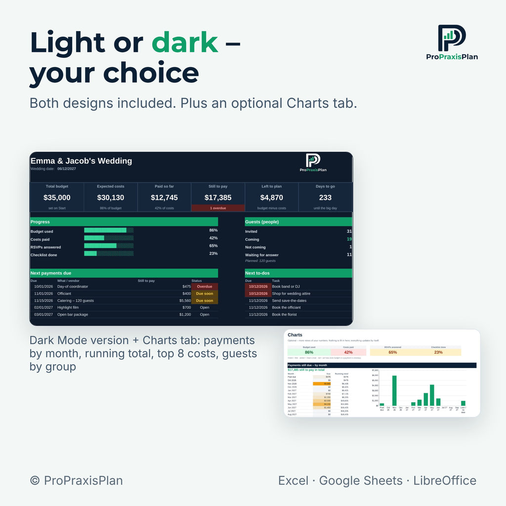 Wedding Budget Spreadsheet – light or dark design
