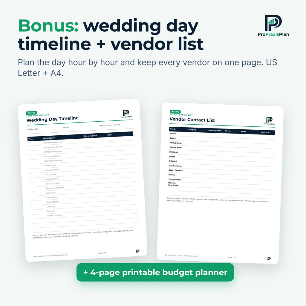 Wedding Budget Spreadsheet – bonus wedding day timeline and vendor list