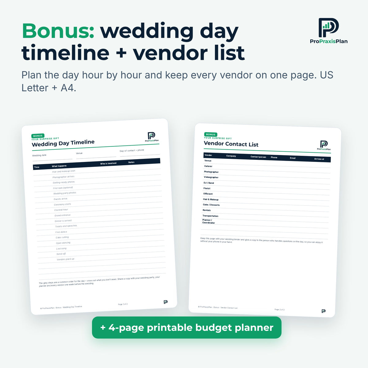 Wedding Budget Spreadsheet – bonus wedding day timeline and vendor list